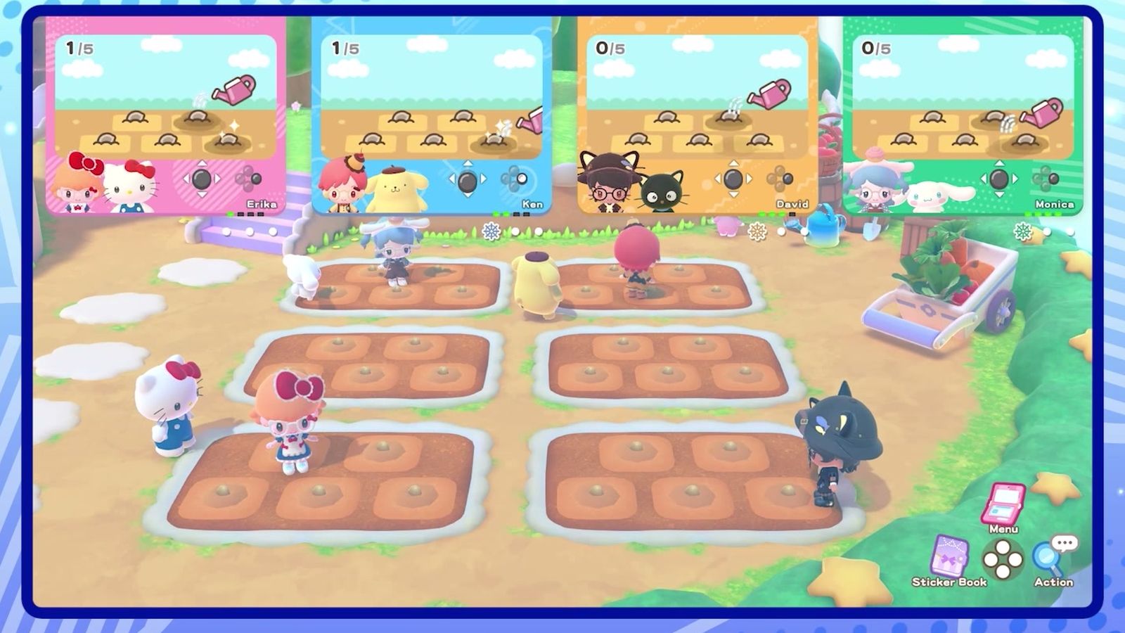 Official screenshot: a four-player session with each player's panel at the top of the screen
