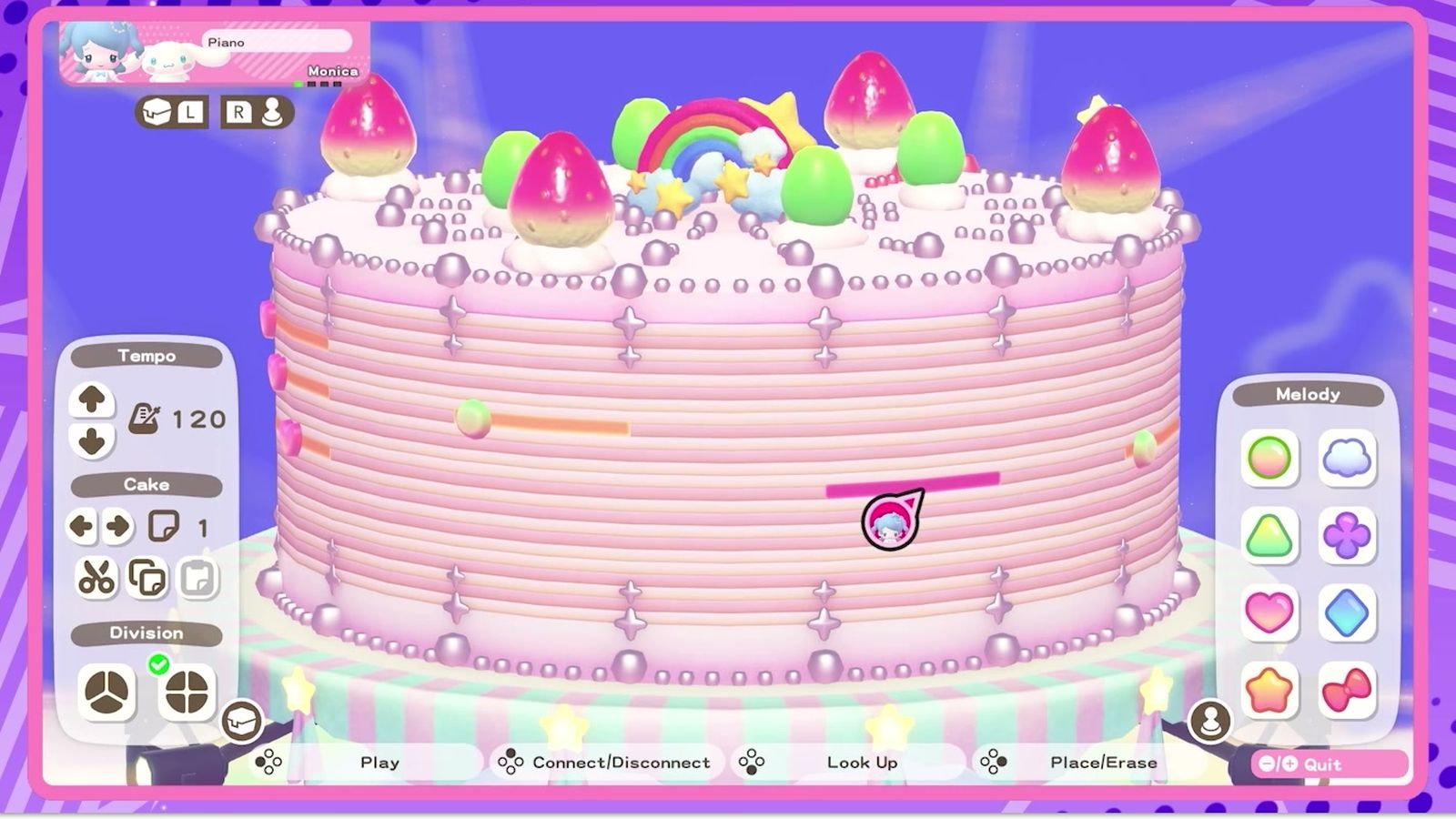 Official screenshot: the Melody Cake screen with its tempo, cake and division menus