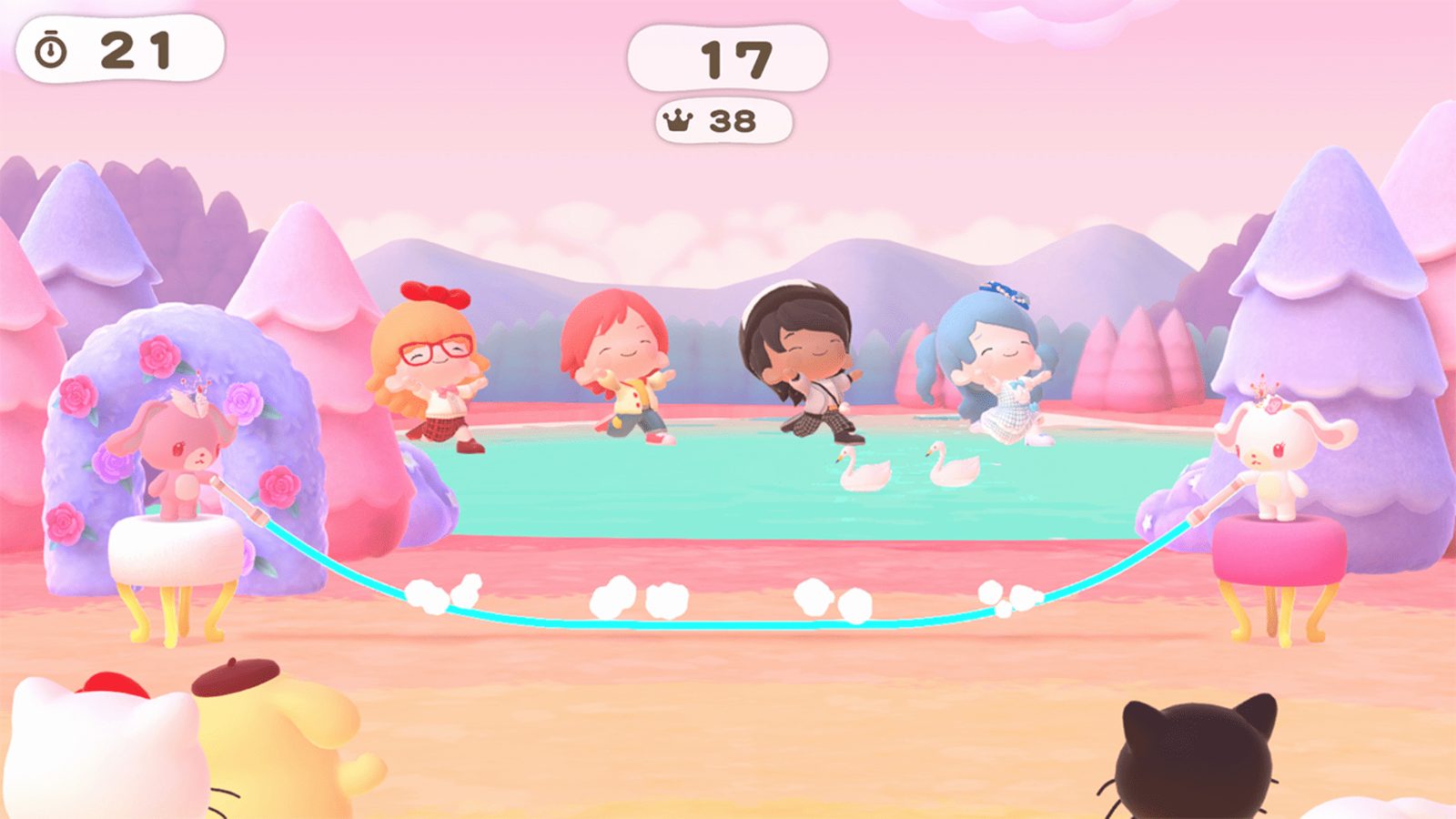 Official screenshot: four players jumping rope together in a co-op mini-game