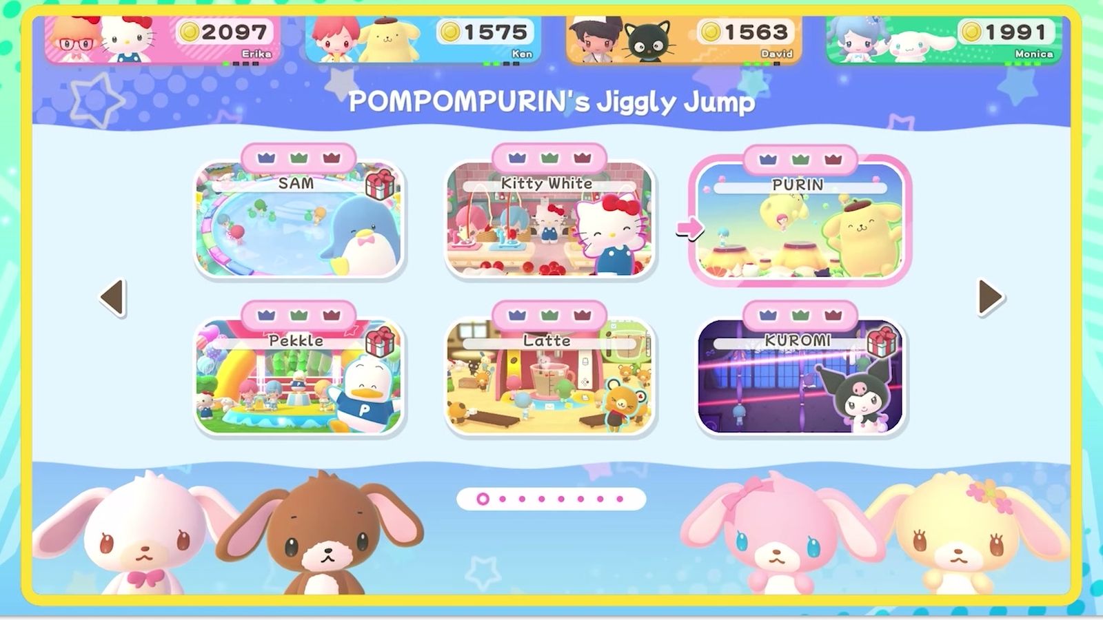 Official screenshot: the Minigame Corner list, with Pompompurin's Jiggly Jump selected