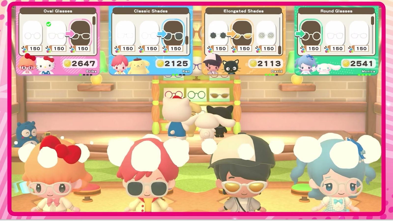 Official screenshot: a Shopping Mall counter selling glasses, with prices under each item