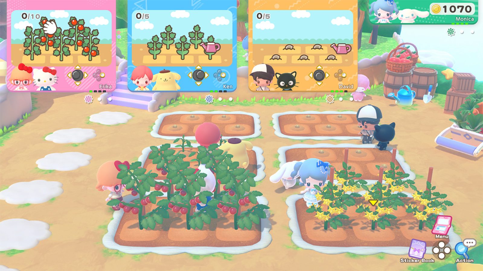 Official screenshot: the Sky Farm garden with vegetable plots and co-op objectives
