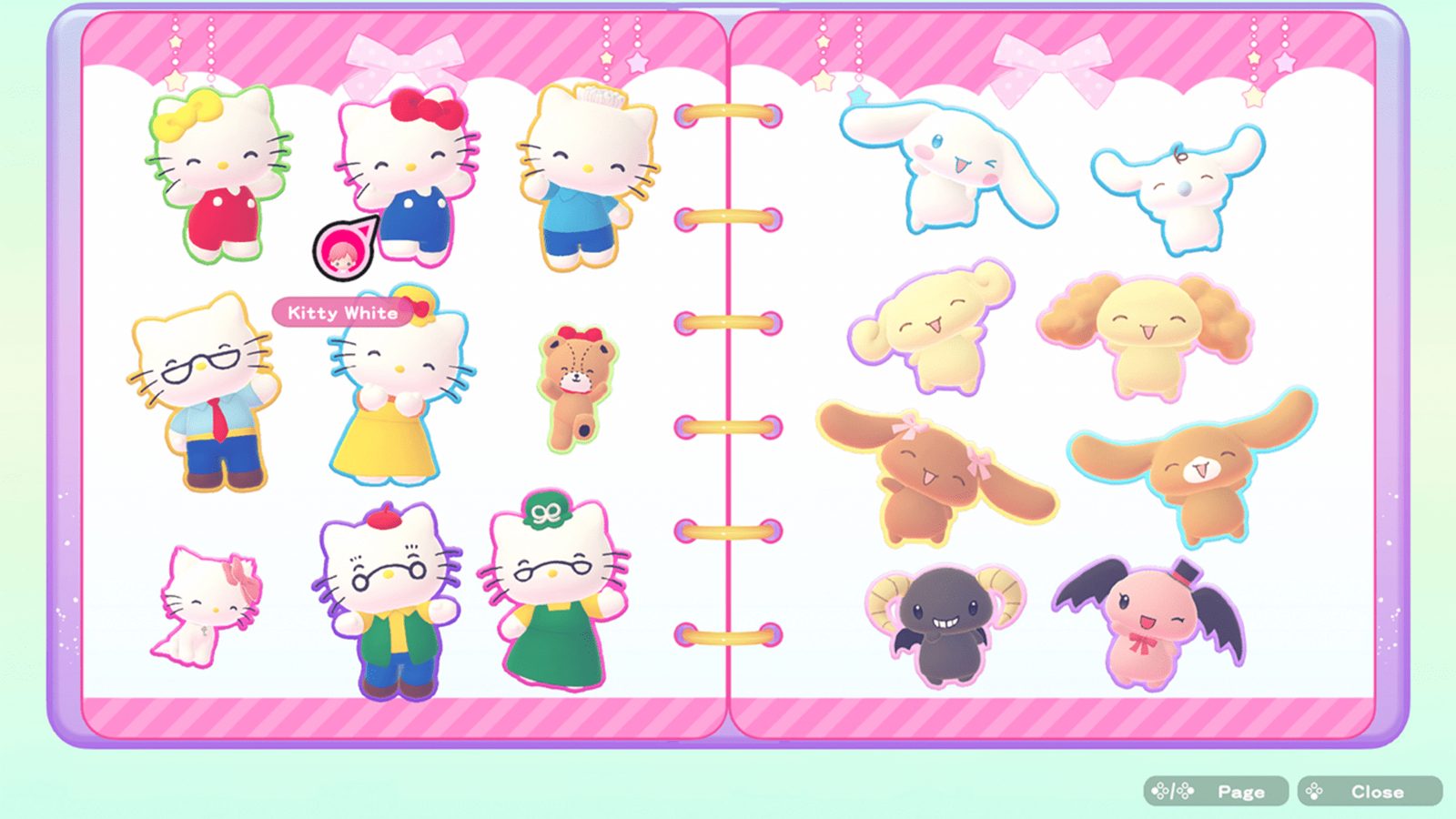 Official screenshot: the sticker book open on a page of Hello Kitty variants